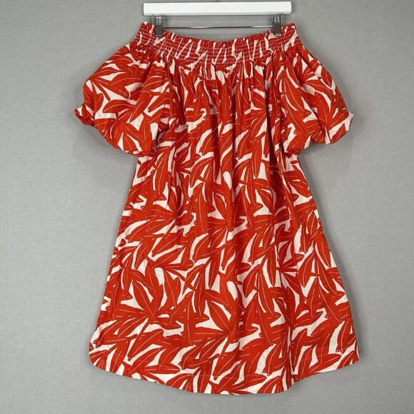 Whit Two Anthro Womens Dress Medium Red Banana Leaf Off Shoulder Smocked Poplin - Picture 9 of 13
